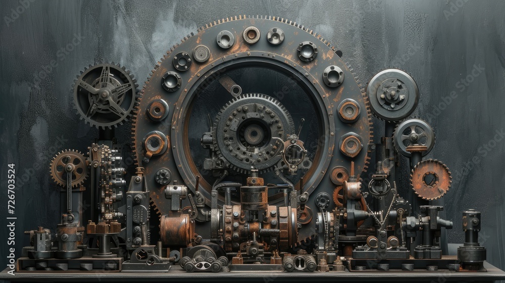 drum brakes, gears, and assorted metal components artfully displayed on a pedestal, against a grey, oxidized background, evoking an industrial ambiance that celebrates precision and craftsmanship. drum brakes, gears, and assorted metal components artfully displayed on a pedestal, against a grey, oxidized background, evoking an industrial ambiance that celebrates precision and craftsmanship.