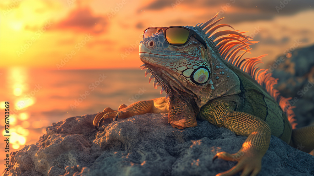 Digital art of a chameleon wearing sunglasses, faceted and minimalistic design, abstract elements.