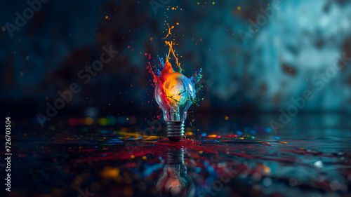 Light bulb explodes with colorful paint and splashes. Think differently creative idea concept © CtrlN