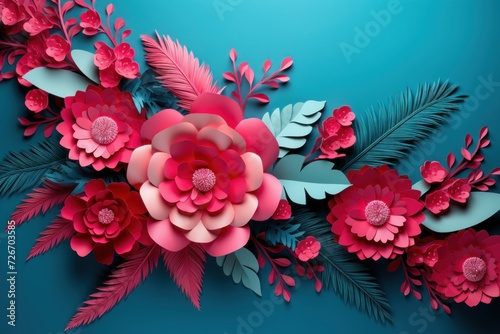 Paper cut floral bouquet, Flower paper craft style. Mother's day. Happy Women's day. Botanical 8 March. Invitation banner. Postcard. Pink and blue colors, Spring summer time photo