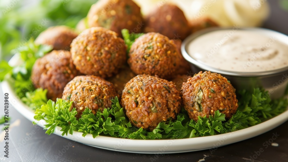 Close-up of a hand serving a plate of homemade, golden-brown falafel Close-up of a hand serving a plate of homemade, golden-brown falafel