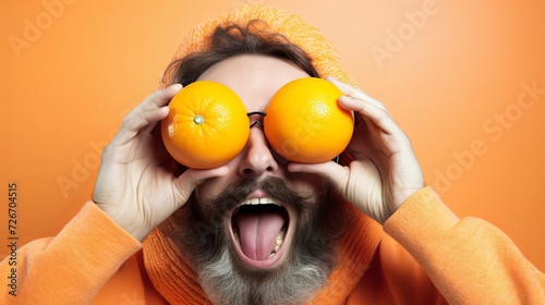 Man Holding Two Oranges up to His Eyes photo