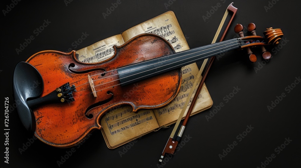 Fototapeta premium a violin accompanied by its bow and sheet music, elegantly poised on a black background, with clean lines and natural shadows enhancing its ultra-detailed craftsmanship.