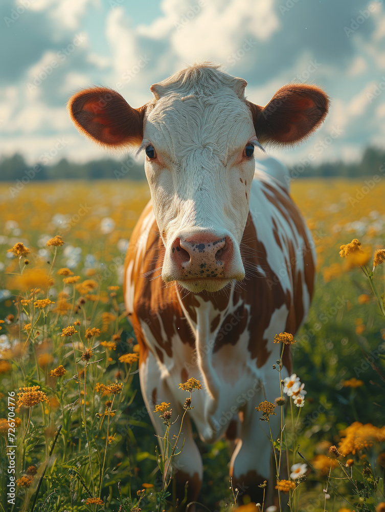 Young calf is standing in field with yellow flowers. Cow is standing in a green field in the springtime