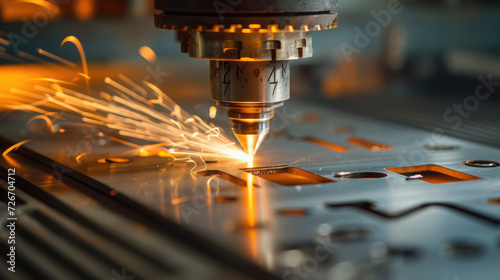 Sparks fly as a laser cutting machine precision-slices through metal, embodying the fiery dance of manufacturing prowess and industrial laser technology.