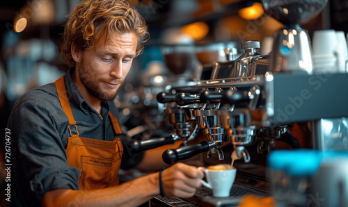 Handsome barista making cup of coffee while standing at the bar counter in cafe. Barista putting milk into a coffee