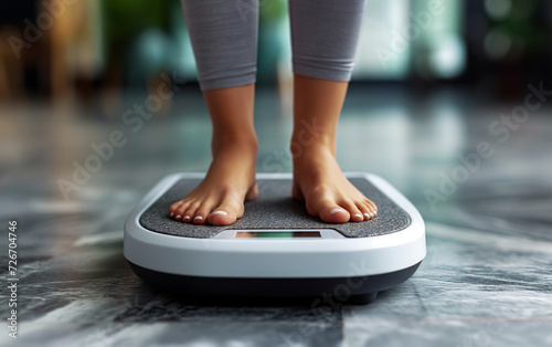 Close-up photo of woman legs stepping on floor scales indoors, space for text. Overweight problem 