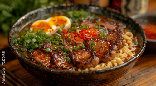 Bowl of ramen with pork belly egg and green onions. Bowl of noodle for eating with a bowl of meat