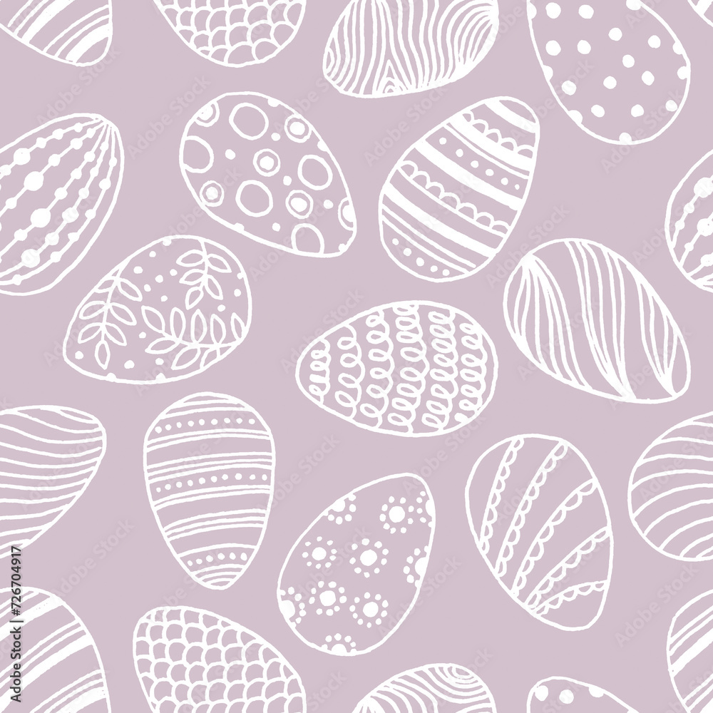 Hand drawn seamless pattern with many white lined easter eggs with different dots, waves, lines.Easter party ornament background on pink - obrazy, fototapety, plakaty 