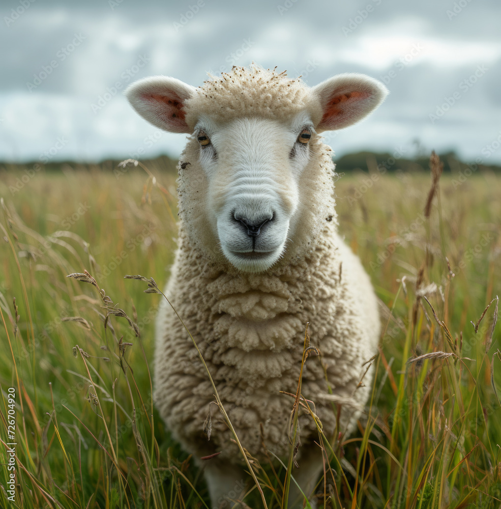 Sheep looks at the camera in field