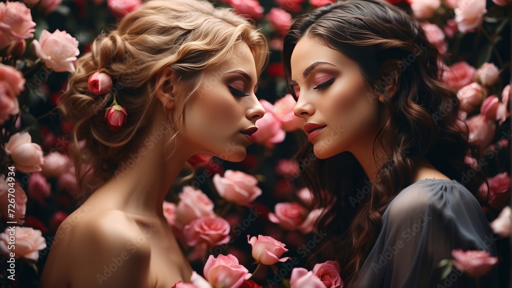 Two women in roses on valentine's day Two women in roses on valentine's day