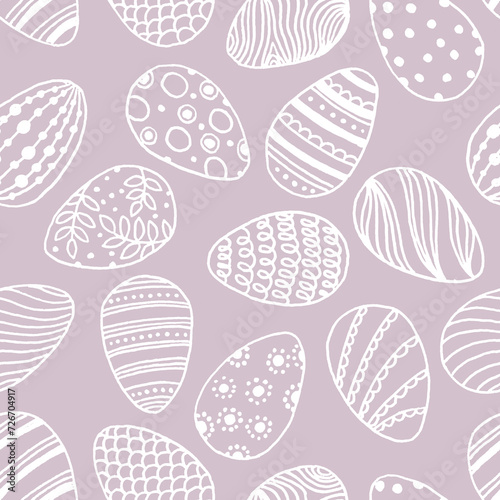 Hand drawn seamless pattern with many white lined easter eggs with different dots, waves, lines.Easter party ornament background on pink