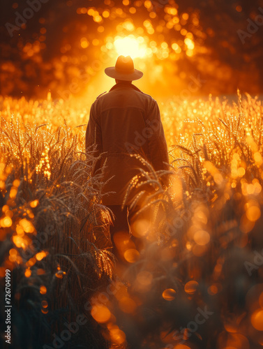Farmer walking through golden wheat field at sunset