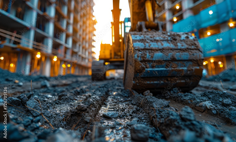 Excavator is digging the ground road construction reinforcement of the foundation Excavator is digging the ground road construction reinforcement of the foundation