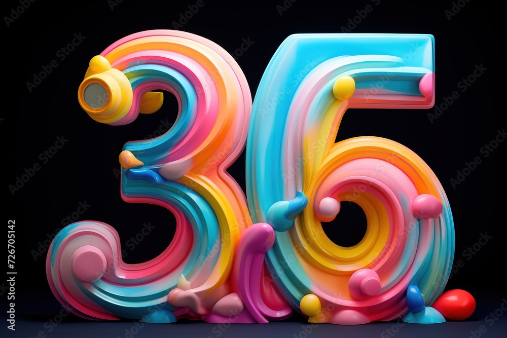 Obraz premium Colorful and playful number thirty six on black background. Symbol 36. Invitation for a thirty-sixth birthday party or business anniversary.