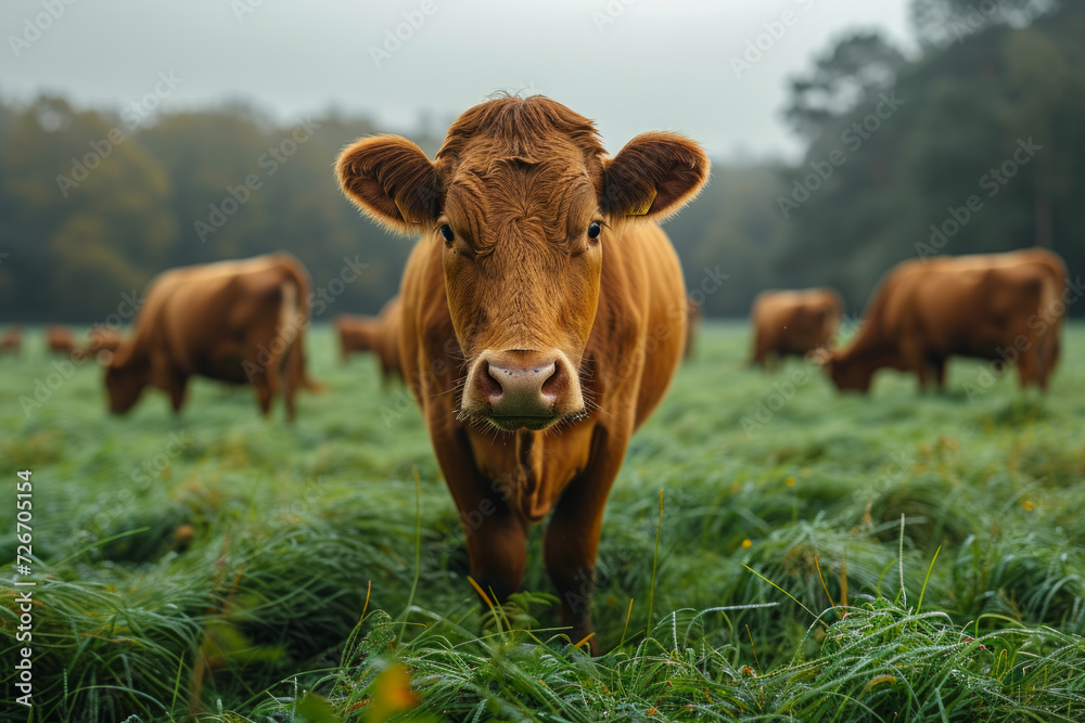 Brown cow standing in field - obrazy, fototapety, plakaty 