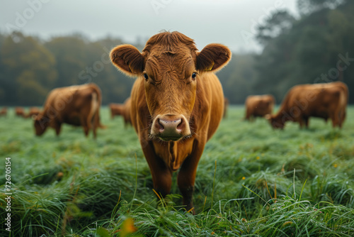 Brown cow standing in field photo