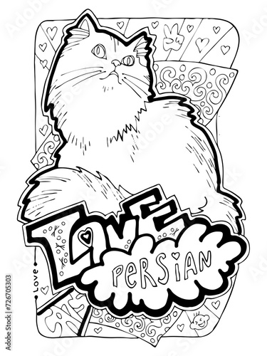 Colouring book pages with different cats for cat lovers adults and kids. Hand drawn line illustration, cartoon character style. coloring hobby for relaxation and antistress. photo