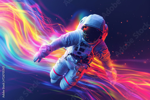 Astronaut Floating in Colourful Space Streams. An astronaut adrift amidst flowing neon streams in a cosmic setting. © AI Visual Vault