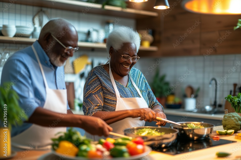 Senior happy smiling african american couple enjoying and cooking healthy dinner together on kitchen at home Senior happy smiling african american couple enjoying and cooking healthy dinner together on kitchen at home