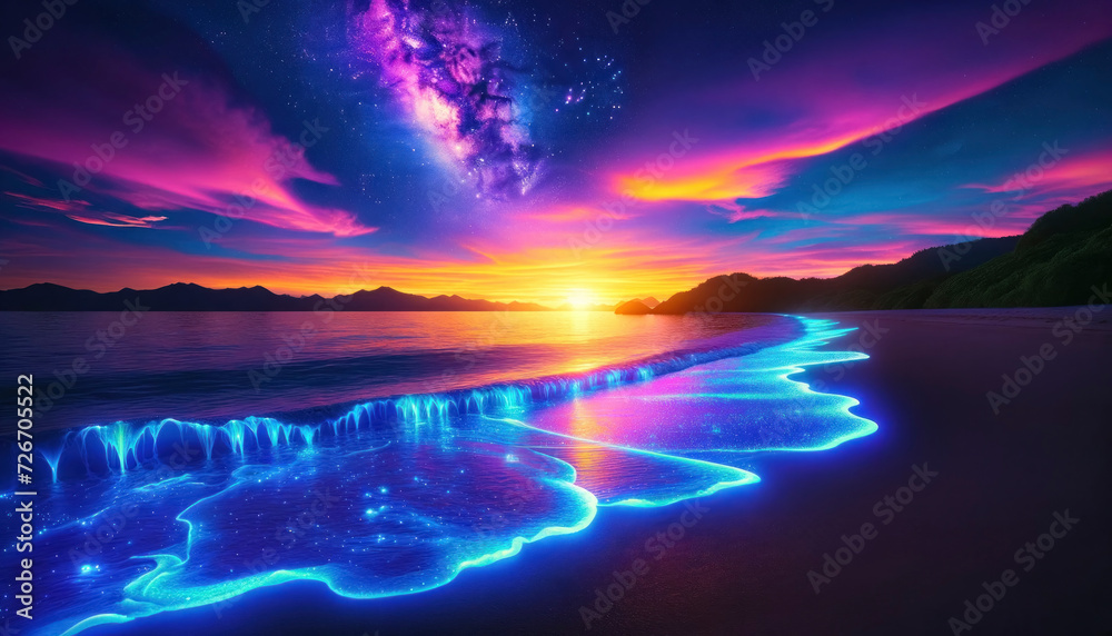Bioluminescent Waves on Sunset Beach with Galaxy View