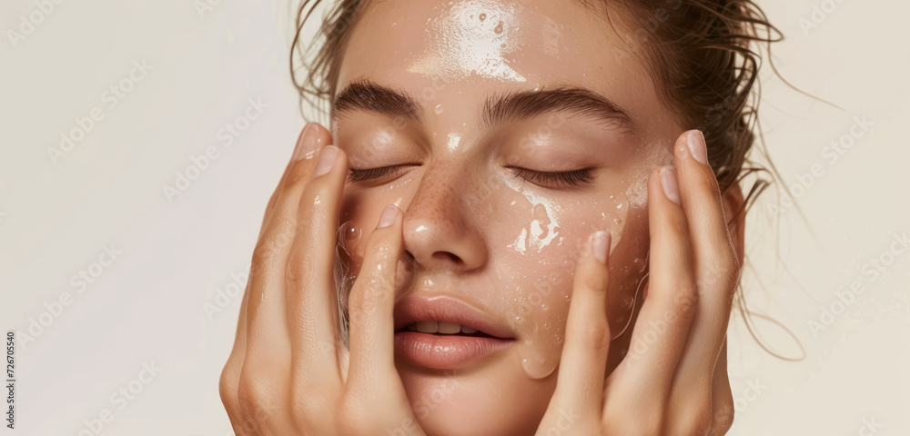 serene beauty portrait with skincare emphasis on a clean white background serene beauty portrait with skincare emphasis on a clean white background