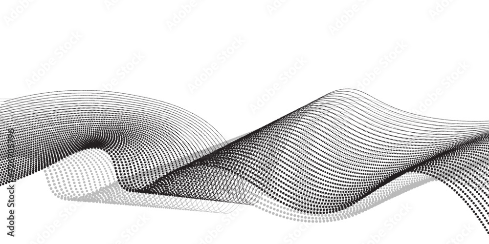 Flowing dots particles wave pattern halftone gradient curve shape isolated on white background. Vector in concept of technology, science, music, modern. lines waves modern