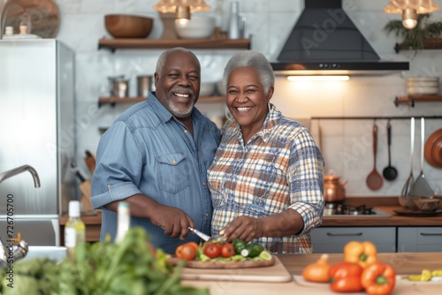 Senior happy smiling african american couple enjoying and cooking healthy dinner together on kitchen at home