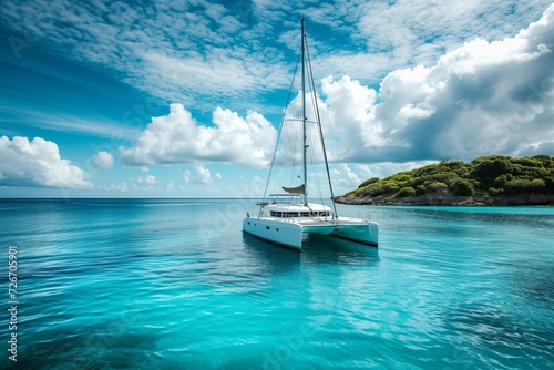 White catamaran on azure water against blue sky, beautiful green island in the background
