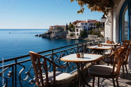 Tables and chairs on a cafe terrace, with the sea as background, holidays by the mediterranean sea