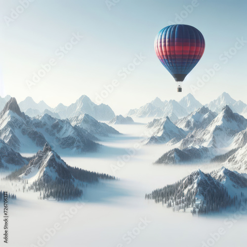 hot air balloon flying over snowy mountain, Romantic vacation, snowy mountains landscape, Concept of aerial tourism, globo aerostatico, Heißluftballon, воздушный шар, landscape mountain.