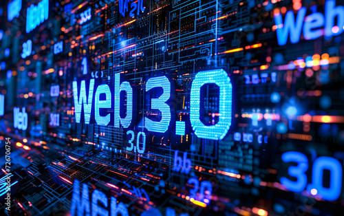 Web 3.0 illuminated in vibrant neon on a dynamic digital cityscape, symbolizing the next-generation internet with decentralized, blockchain-driven innovations © Bartek