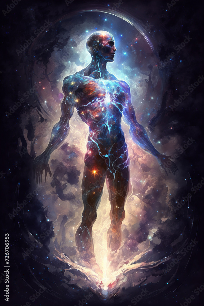 humanoid figure standing in outer space of stars with a glowing aura around him, in the style of detailed fantasy art, supernatural creature - obrazy, fototapety, plakaty 