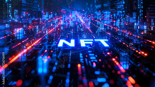 Vibrant blue neon NFT sign glowing on a futuristic cybernetic digital landscape  representing the cutting-edge blockchain technology and digital asset trend