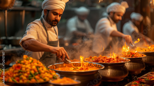 A group of Indian chefs prepares a national dish