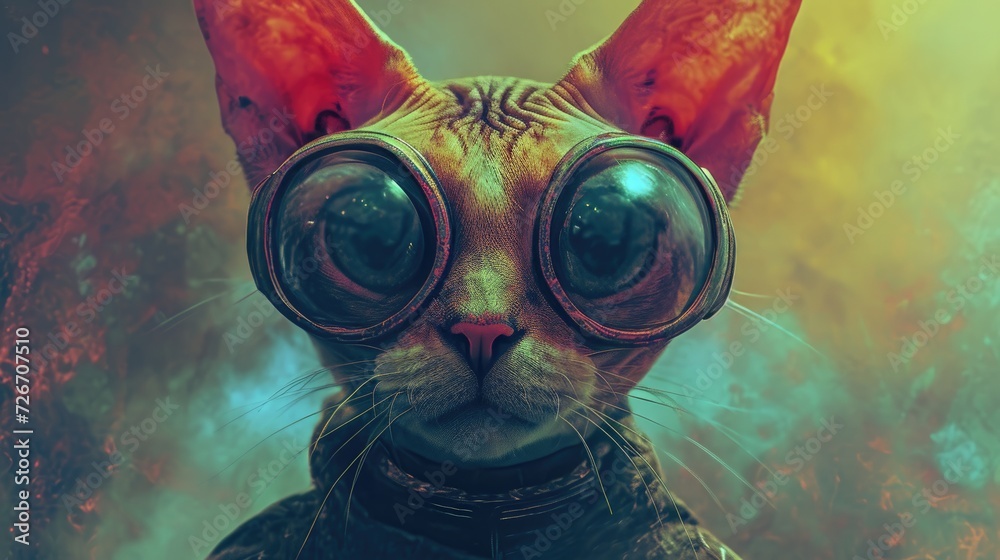 Portrait of a cat in aviator glasses on a background of smoke