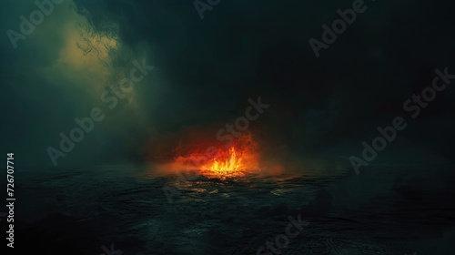 a blazing fire against a dark black background, evoking a primal sense of comfort and intrigue amidst the shadows.