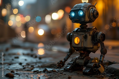 An abandoned robot sits on the ground in the center of a street, surrounded by empty buildings.