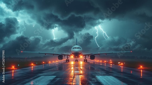 Plane on Runway With Lightning in Background