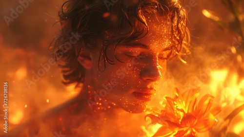 A man stands in front of a blazing fire, holding a delicate flower in his hand.