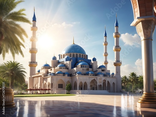 The beautiful shiny mosque and with beautiful sun light, landmark Generative Ai photo