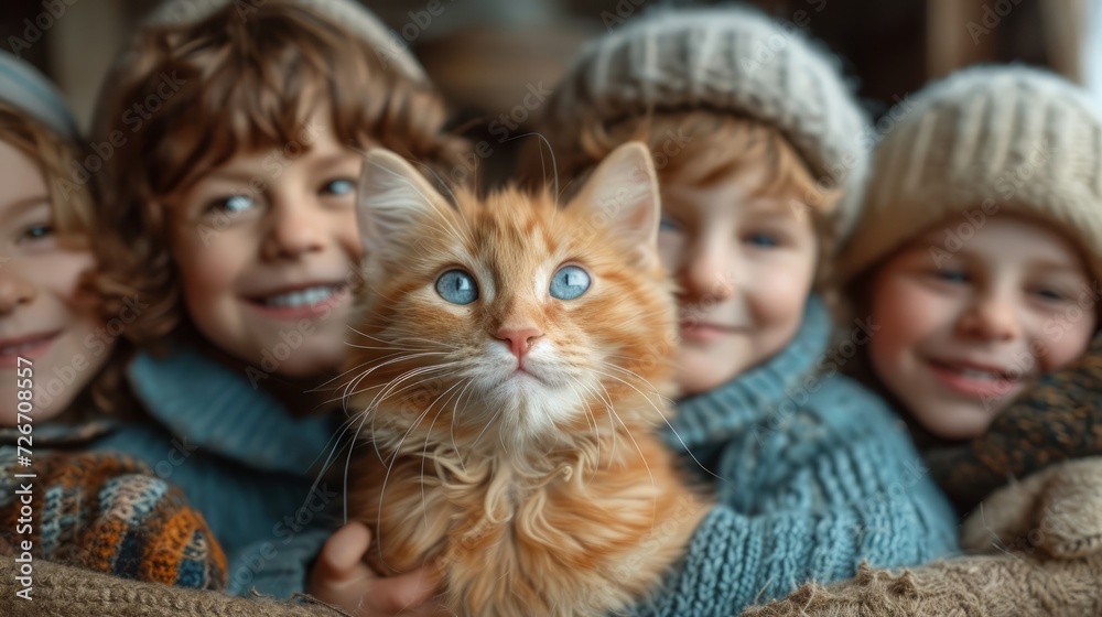 Smiling children embracing a cute cat. Joy and tenderness in every gesture