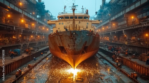 A large ship, illuminated against the dark sky, stands in a shipyard at night as workers perform maintenance and repairs. photo