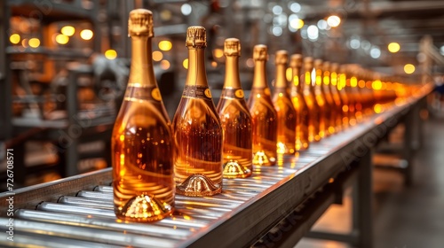 Alcoholic beverage production - champagne bottles on winery conveyor belt