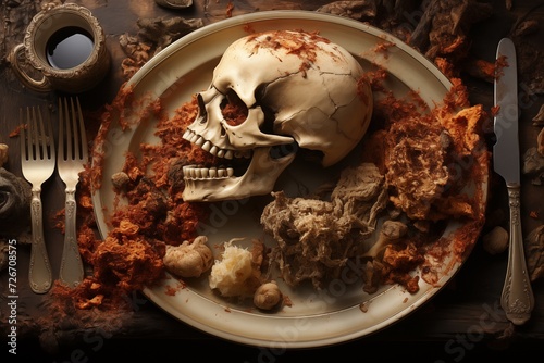 Human Skull on Plate in Medieval Castle Setting, Cannibal's Gruesome Feast Scene photo
