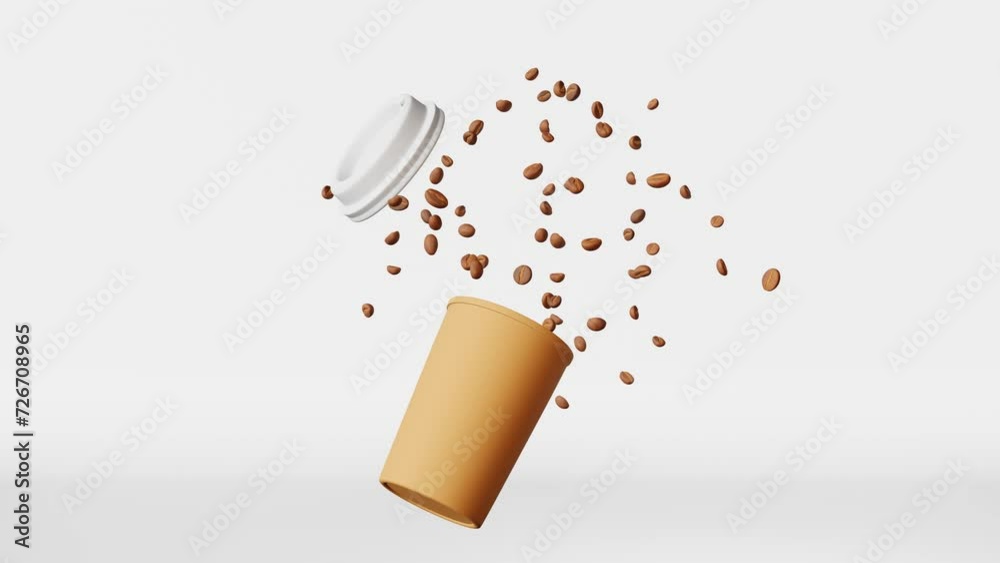 Coffee explosion 3D animation Floating paper coffee cup white lid flying beans. Coffee to go shop levitating Hot drink sale Product design mockup Flying latte branding advertising motion. Social media