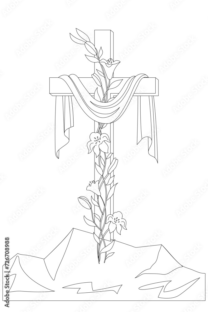 Obraz premium Easter Sunday. Resurrection illustration, cross religious greeting card, poster. Line vector design.