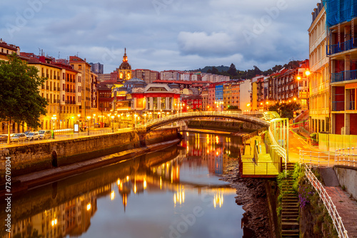 Downtown Area of Bilbao Spain with Nervion River around Dusk