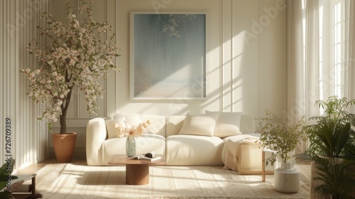 A tranquil living room bathed in sunlight with reeded glass decor and spring blossoms