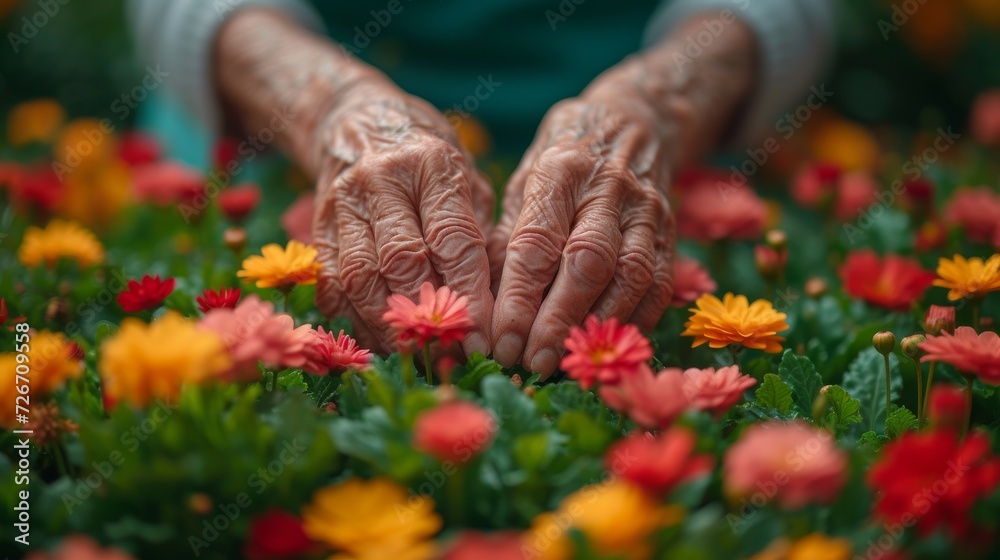 Womans Hands Amidst Field of Flowers - obrazy, fototapety, plakaty 